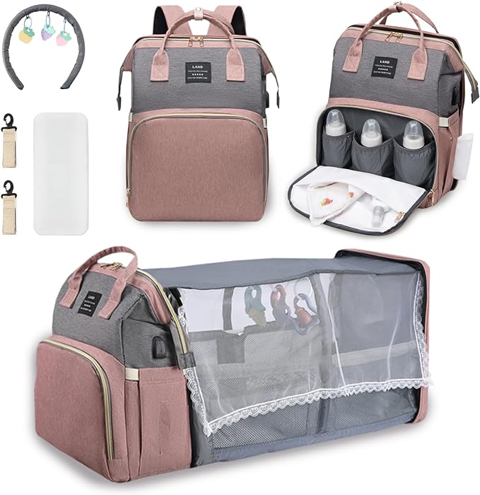 "Sac à langer 3 en 1 élégant et ergonomique avec lit intégré, bretelles ajustables, et compartiments multiples, coloris gris.