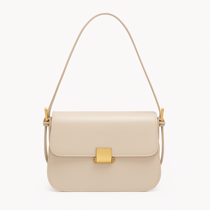 "Sac à main en cuir véritable NOXA, élégant, polyvalent, beige, bandoulière réglable, détails luxueux, féminin et chic."