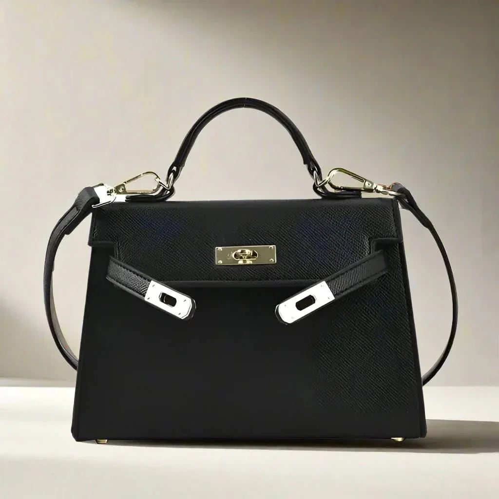 "Sac à main luxe femme, élégant et pratique, en cuir, noir et blanc, avec détails raffinés, polyvalent et spacieux"