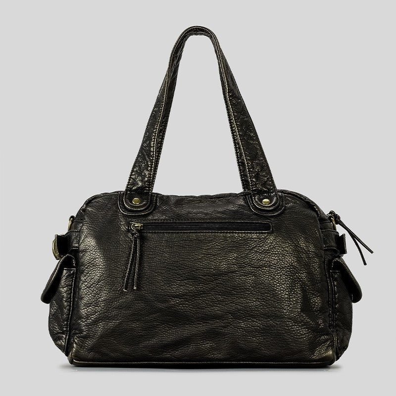 Sac à main rétro en cuir végétalien texturé, avec finitions dorées et anses longues, idéal pour un style élégant.