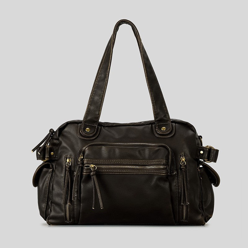 Sac à main rétro en cuir végétalien texturé, avec finitions dorées et anses longues, idéal pour un style élégant.