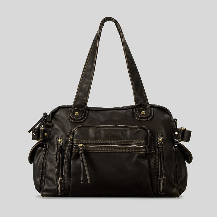 Sac à main rétro en cuir végétalien texturé, avec finitions dorées et anses longues, idéal pour un style élégant.