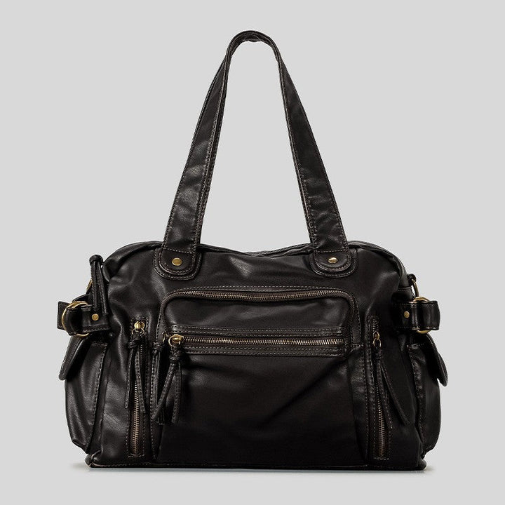 Sac à main rétro en cuir végétalien texturé, avec finitions dorées et anses longues, idéal pour un style élégant.
