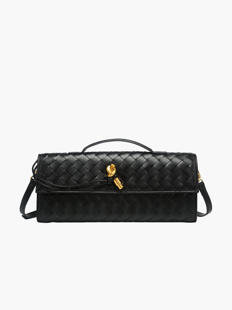 "Sac à main vegan tressé, accents dorés, spacieux, élégant, vue complète; parfait pour élévations de style."