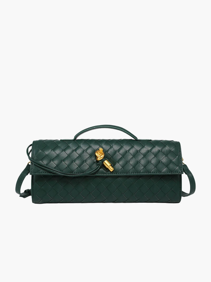 "Sac à main vegan tressé, accents dorés, spacieux, élégant, vue complète; parfait pour élévations de style."