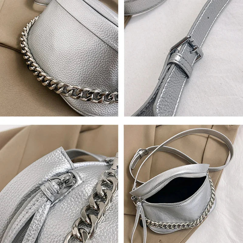 Sac bandoulière argenté pour femme, en cuir PU, chaîne amovible, accessoire élégant pour toute occasion.