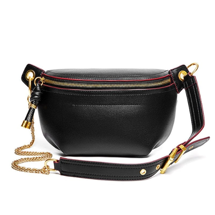 Sac banane en cuir noir Élise pour femme, élégant et pratique, porté en bandoulière.