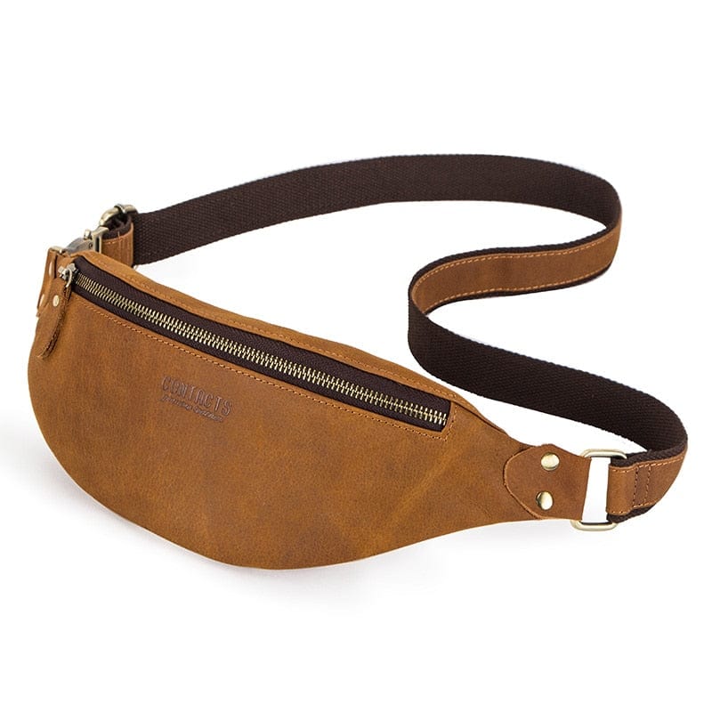 Sac banane homme en cuir avec multiples compartiments zippés, parfait pour organiser clés, téléphone, portefeuille.