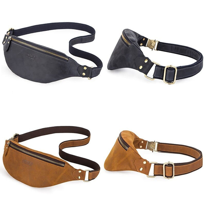 Sacoche banane en cuir pour homme, posée sur une table en bois, montrant son design compact et sa bandoulière ajustable.