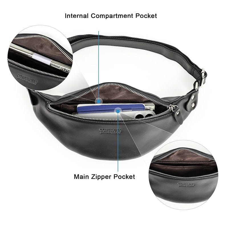 Détail gros plan d'un sac banane homme en cuir, texture du cuir visible, sur fond uni