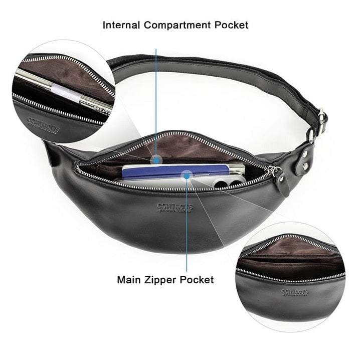 Détail gros plan d'un sac banane homme en cuir, texture du cuir visible, sur fond uni