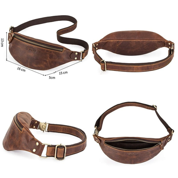 Détail de la fermeture éclair métallique et des coutures d'un sac banane en cuir véritable pour homme. Robuste et durable.