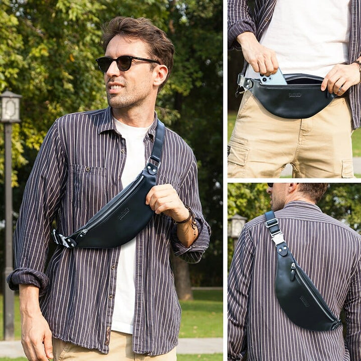 Sac banane homme en cuir, porté de côté, avec un jean et un t-shirt, mode masculine