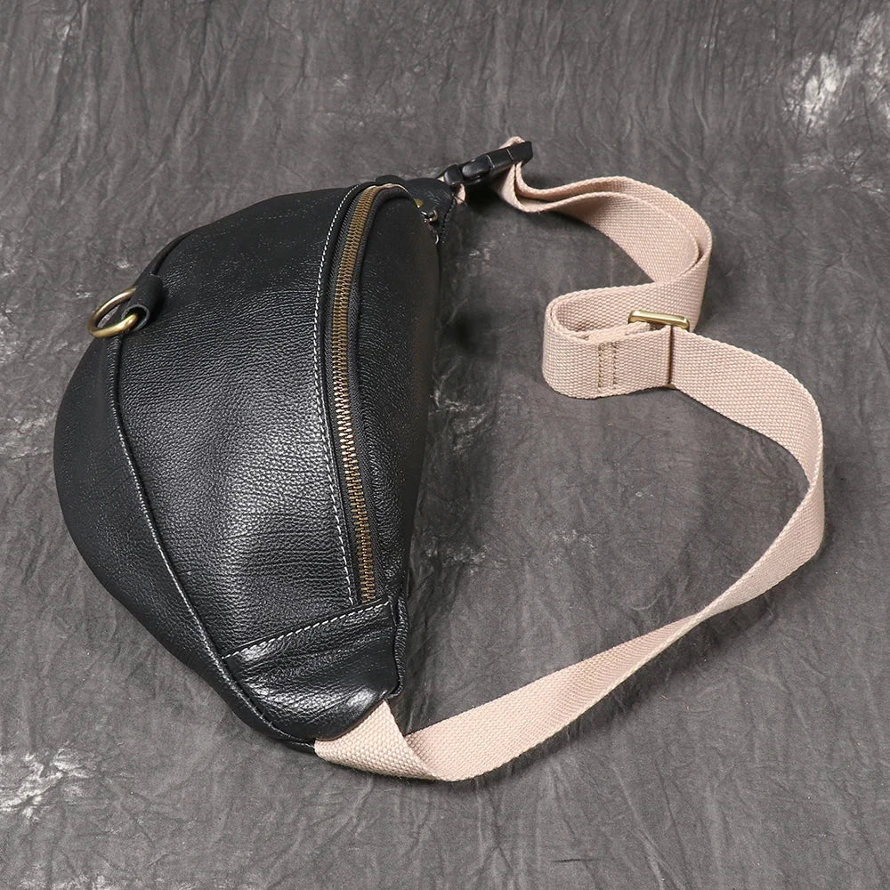 Sac banane en cuir véritable noir pour femme et homme, accessoire mode, grande capacité.