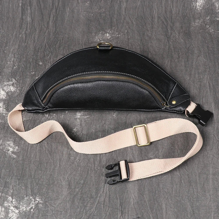 Sac cuir véritable noir, modèle banane, parfait pour la détente et les voyages, grande capacité.