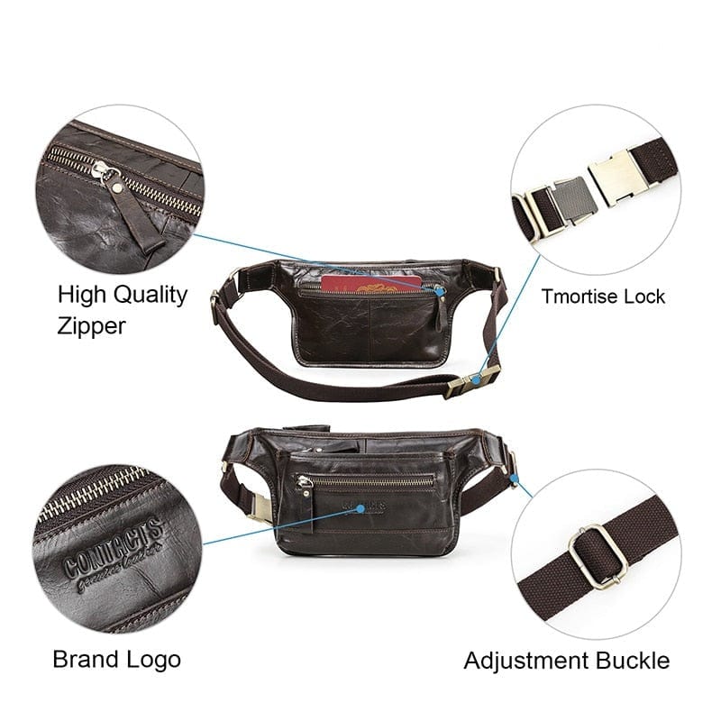 Gros plan d'un sac banane homme en cuir noir, détails de couture, pochette avant zippée, élégance