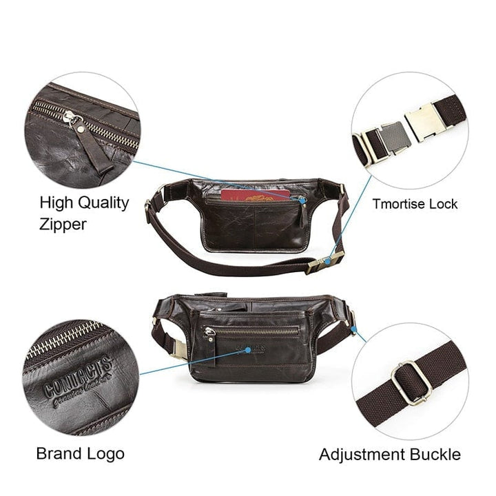 Gros plan d'un sac banane homme en cuir noir, détails de couture, pochette avant zippée, élégance