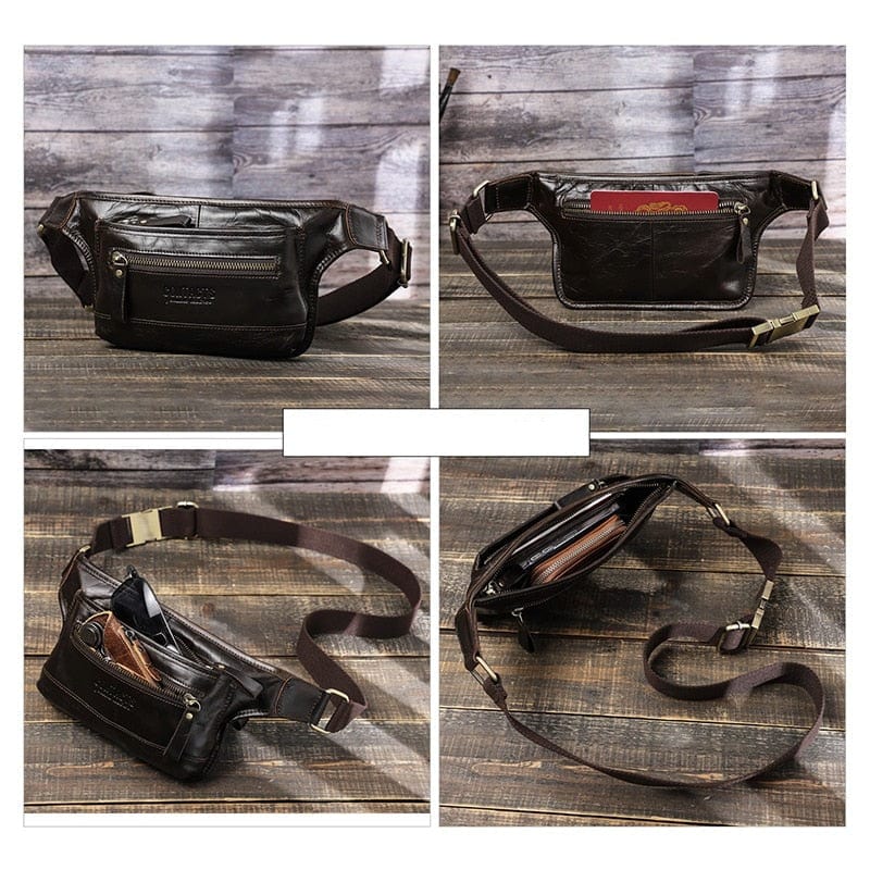 Homme portant un sac banane en cuir marron sur une chemise décontractée, accessoire pratique et stylé