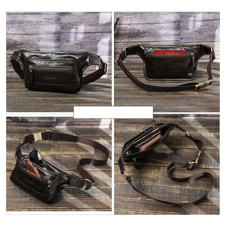 Homme portant un sac banane en cuir marron sur une chemise décontractée, accessoire pratique et stylé