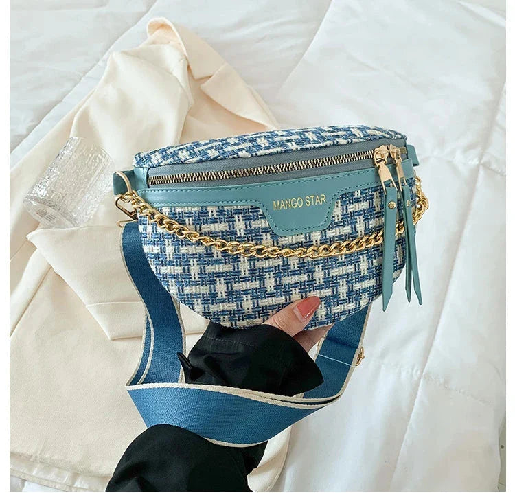 Sac banane femme en tissu à motif et cuir PU, un accessoire unique et chic qui complètera votre look mode.