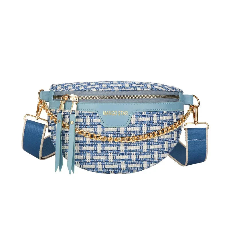 Gros plan d'un sac banane pour femme en tissu et cuir PU, montrant les détails de la fermeture éclair dorée.