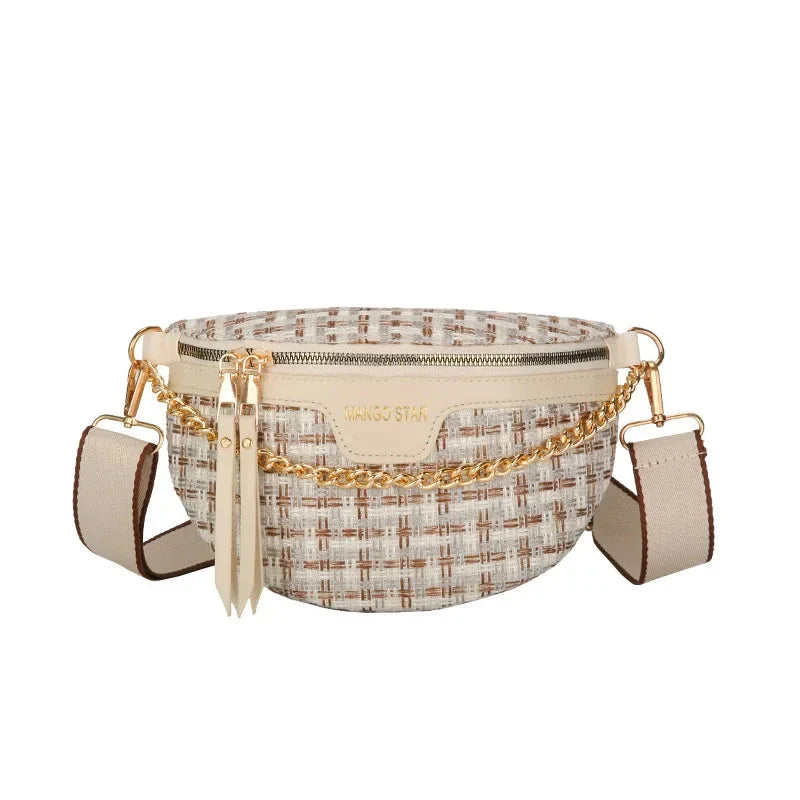 Sac banane femme tendance en tissu beige et cuir PU marron, idéal pour un usage quotidien, un petit sac chic.