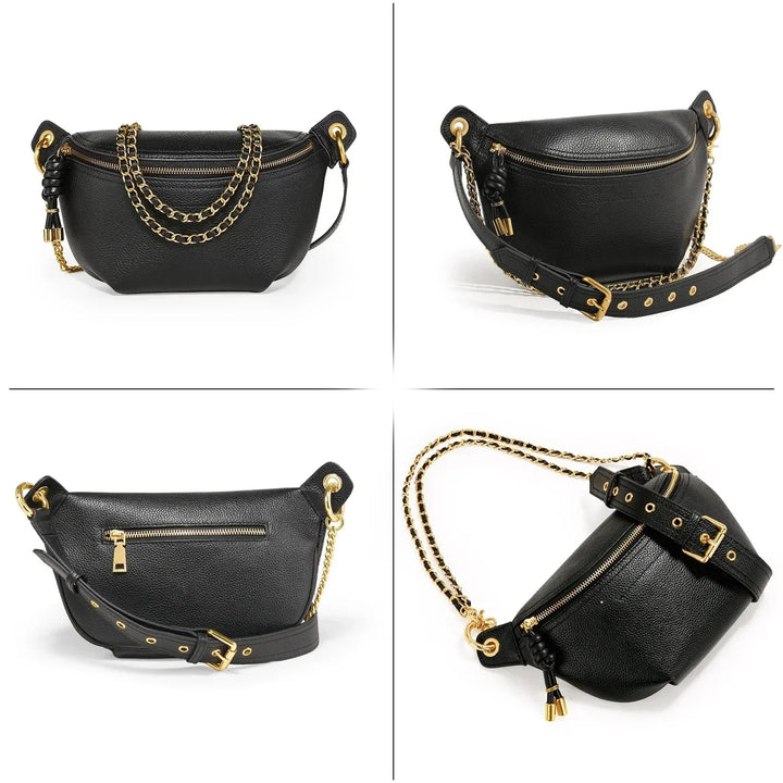 Sac banane cuir femme porté épaule, style tendance et pratique.