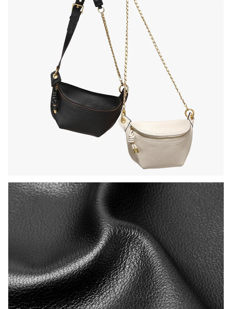 Femme élégante portant un sac banane en cuir, accessoire de mode chic.