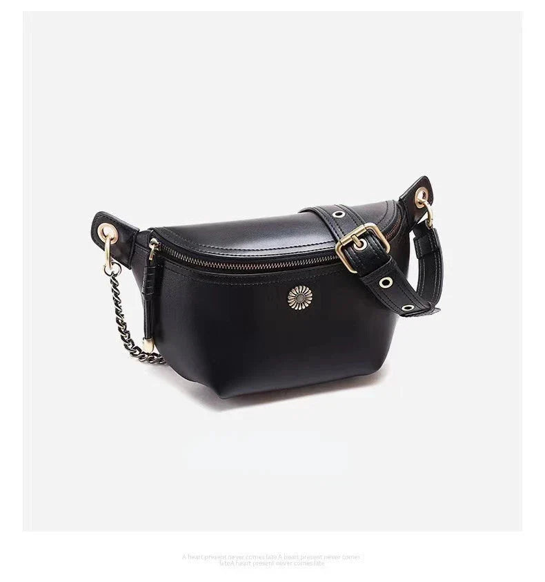 Sac banane en cuir véritable noir pour femme, motif floral subtil, accessoire chic