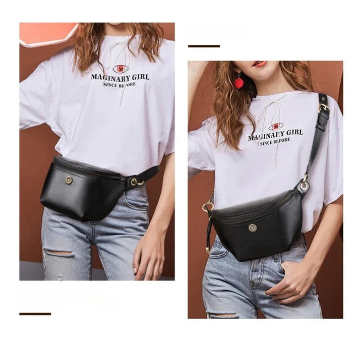 Sac ceinture femme en cuir noir, avec des motifs floraux délicats, mode et fonctionnel