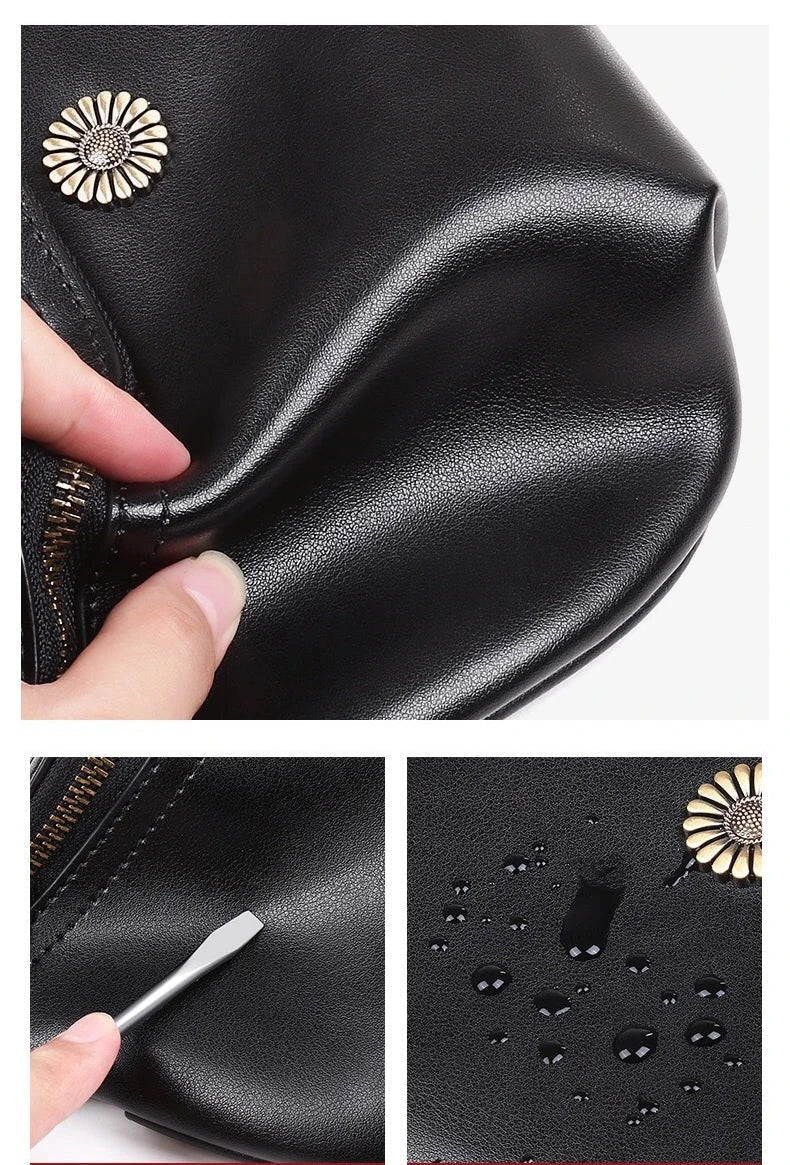 Accessoire de mode femme: sac banane en cuir noir avec de belles fleurs, pratique