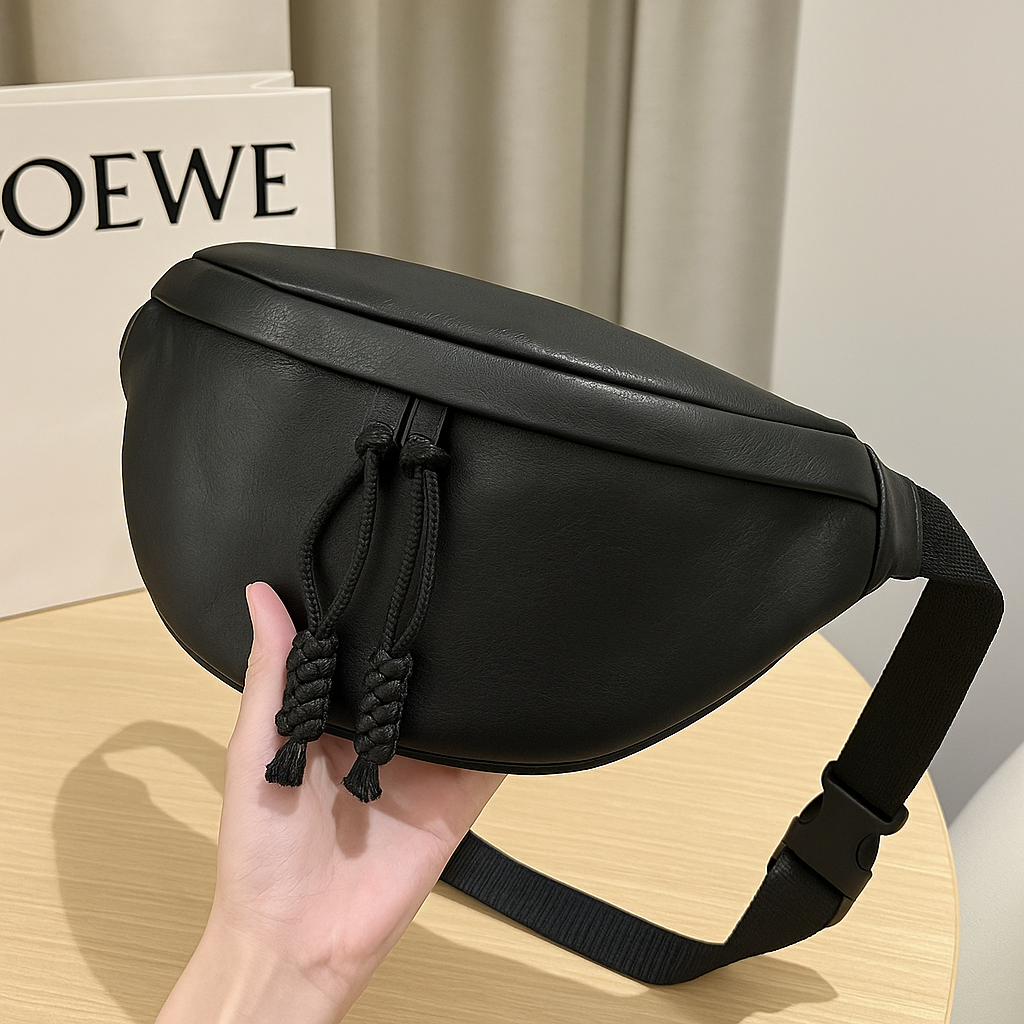 Sac à la taille en cuir PU noir, accessoire mode femme avec lettres stylisées