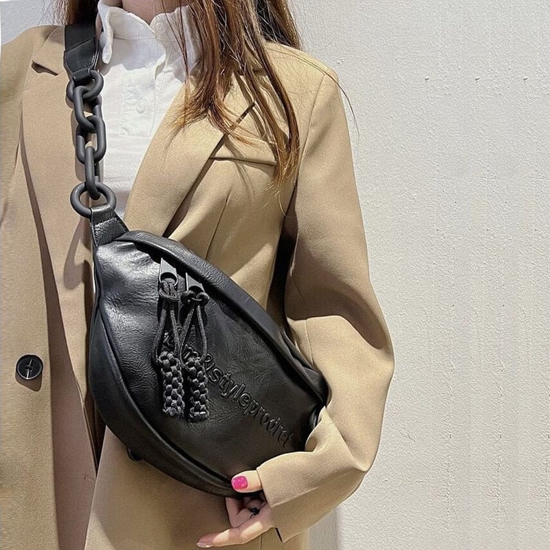 Sac banane noir pour femme, ceinture réglable, en cuir PU tendance