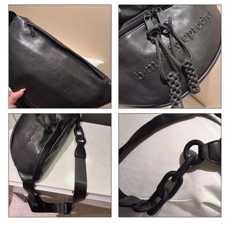 Sac banane en cuir PU noir, accessoire mode femme avec fermeture éclair dorée