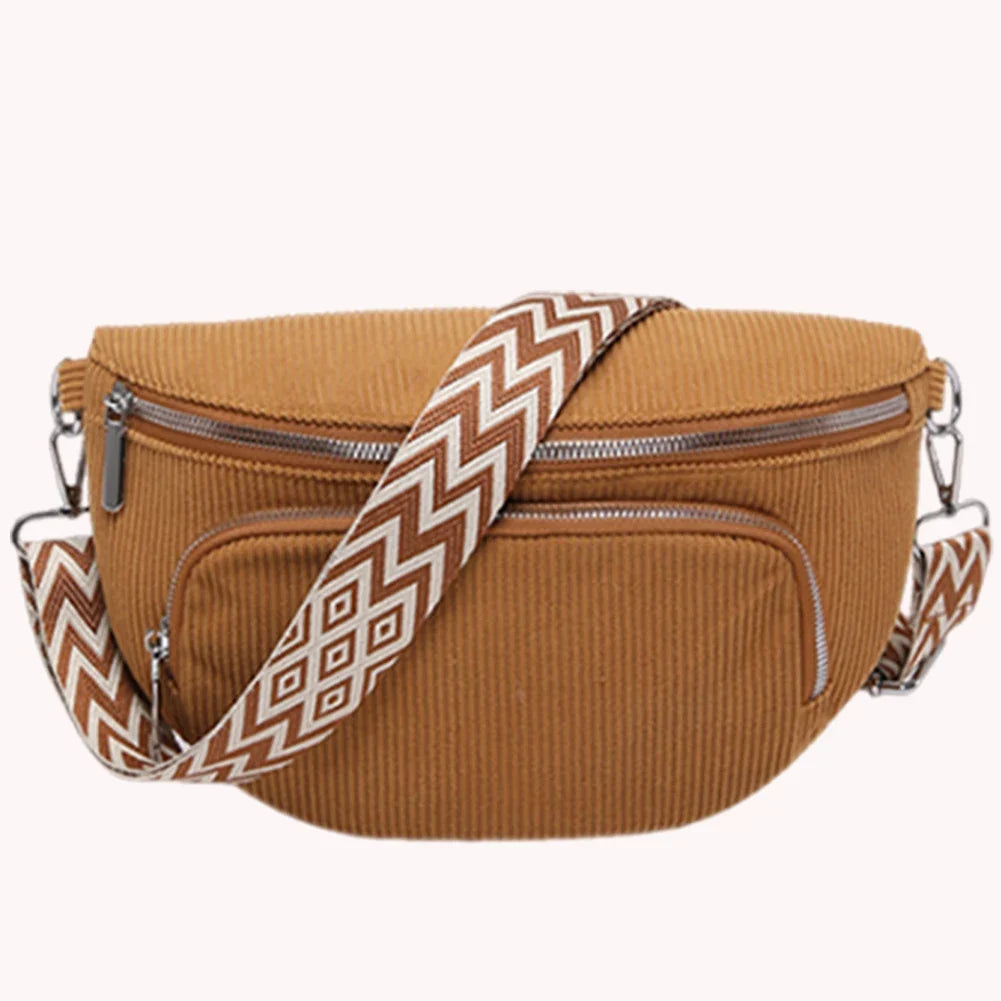 Sac banane femme en velours côtelé, bandoulière pratique pour une organisation facile.