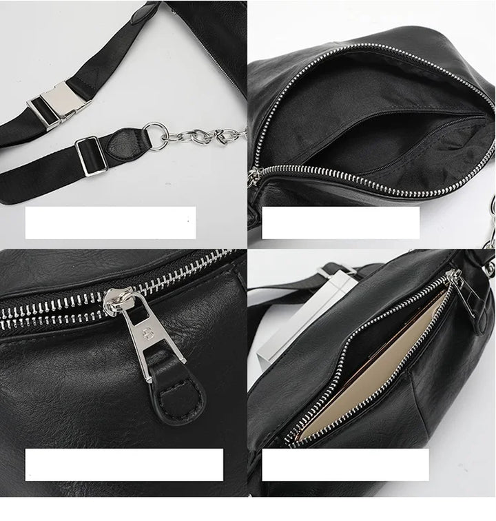 Élégant sac banane femme noir en similicuir. Accessoire pratique et organisé pour la ville.