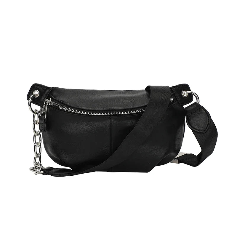 Sac banane élégant femme, noir et tendance. Idéal pour un look urbain moderne et organisé.