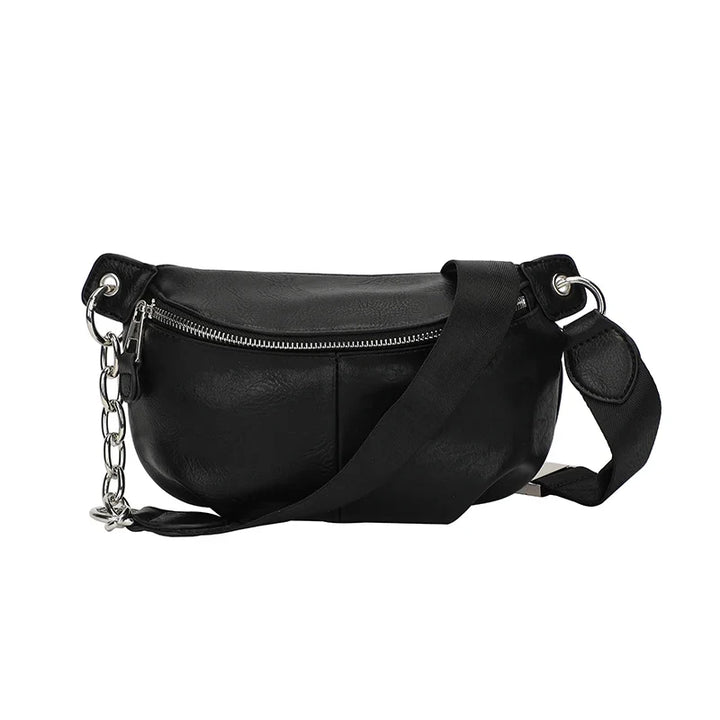 Sac banane élégant femme, noir et tendance. Idéal pour un look urbain moderne et organisé.