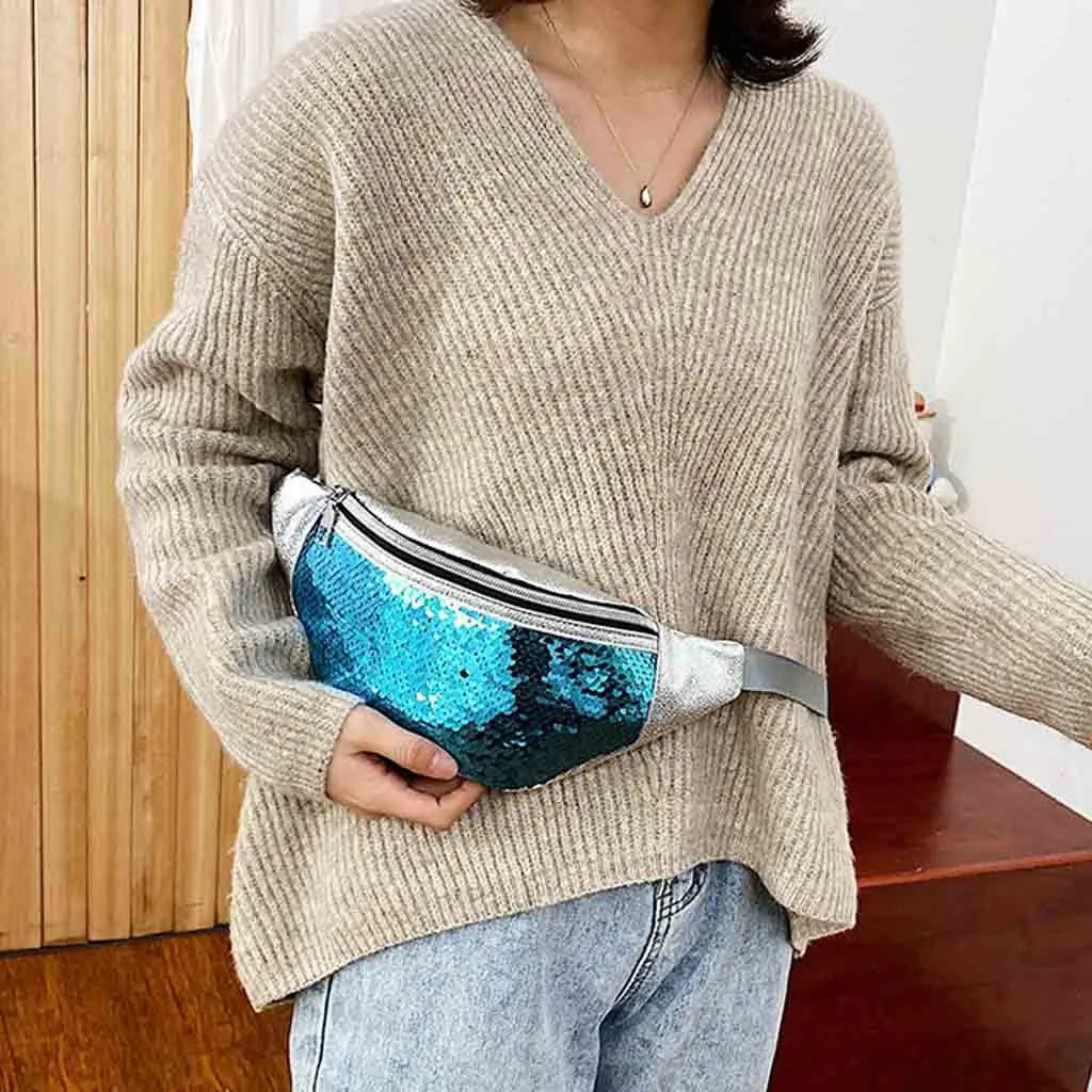 Sac banane femme à sequins brillants, accessoire mode scintillant pour un look glamour et tendance.