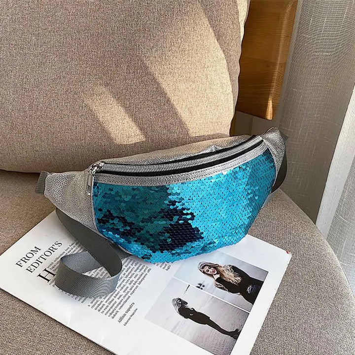 Sac banane femme élégant à sequins scintillants, pochette de ceinture glamour, idéal pour soirée ou festival.