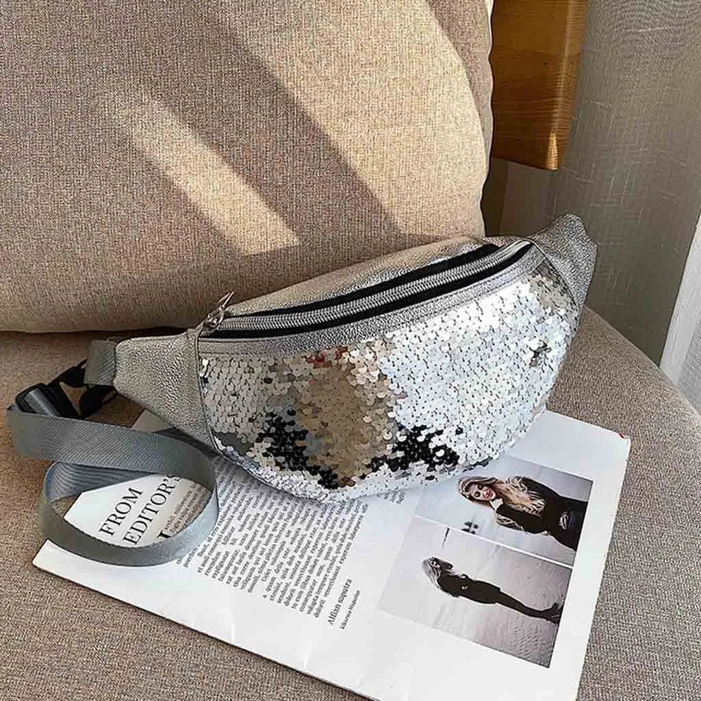 Sac banane femme brillant à sequins, peut être porté comme pochette ceinture ou sac à main, très mode.