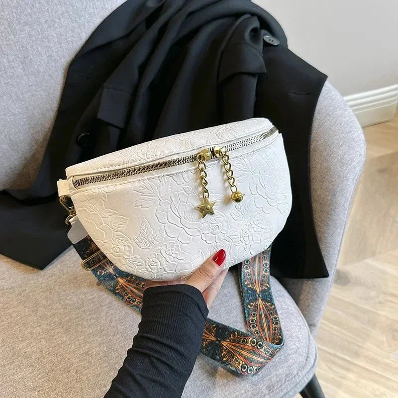 Accessoire chic femme : sac banane en cuir PU, couleur floral, avec bandoulière ajustable