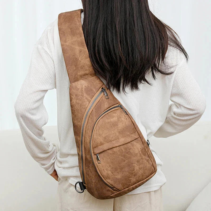 Sac banane femme, couleur camel, en cuir PU, design rétro et bandoulière réglable, très chic