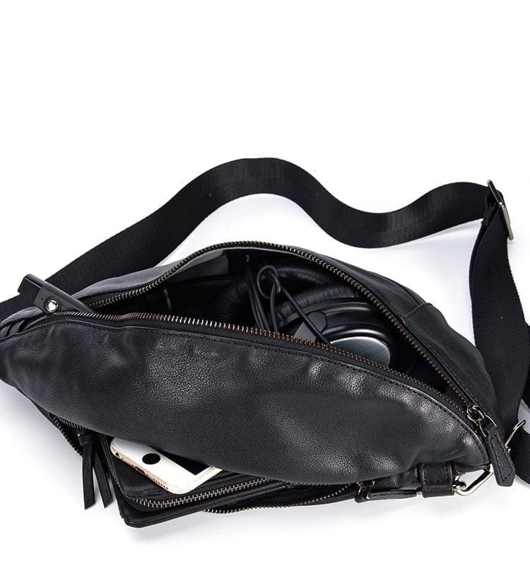 Sac banane noir en cuir véritable pour homme, avec poche zippée, idéal pour ranger portefeuille.