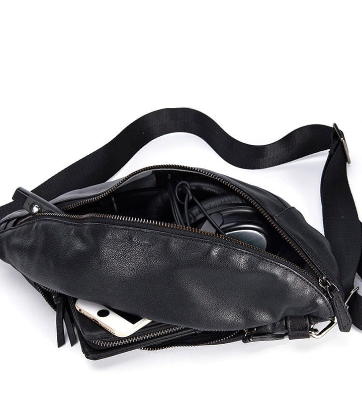 Sac banane noir en cuir véritable pour homme, avec poche zippée, idéal pour ranger portefeuille.