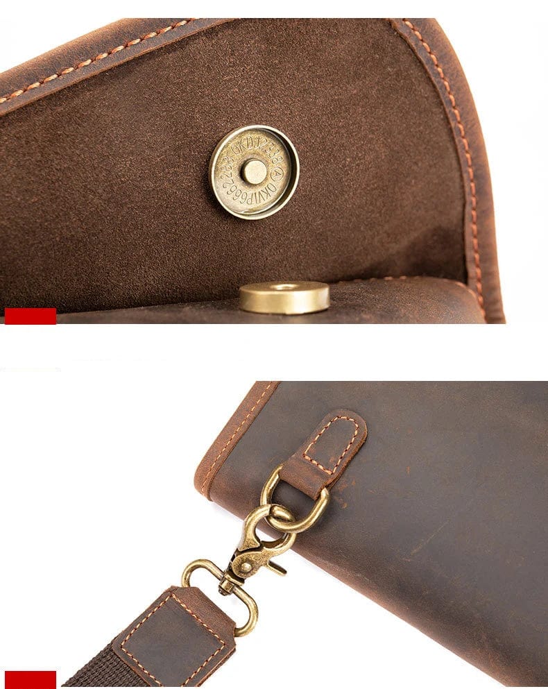 Vue de côté d'un sac banane en cuir véritable homme, mettant en valeur ses compartiments et ses finitions.