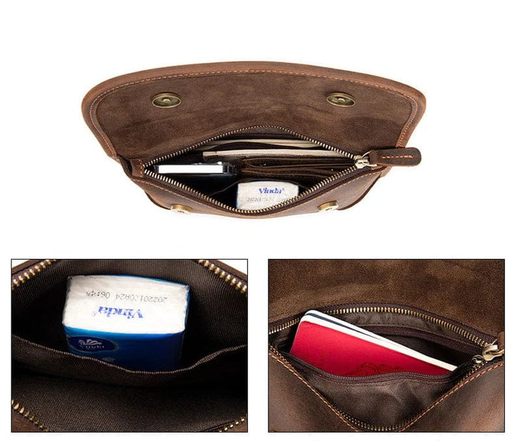 Sac banane cuir homme, teinté café, accessoire polyvalent pour téléphone et clés, porté taille ou épaule.