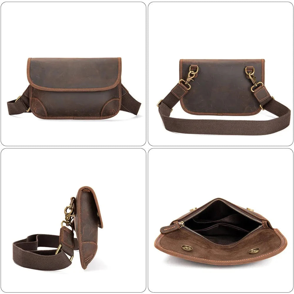 Détail du fermoir et de la sangle réglable d'un sac banane en cuir véritable marron pour homme.