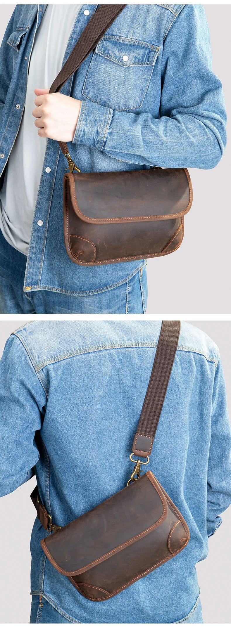 Sac banane élégant en cuir véritable couleur café pour homme, avec son étiquette et emballage soigné.