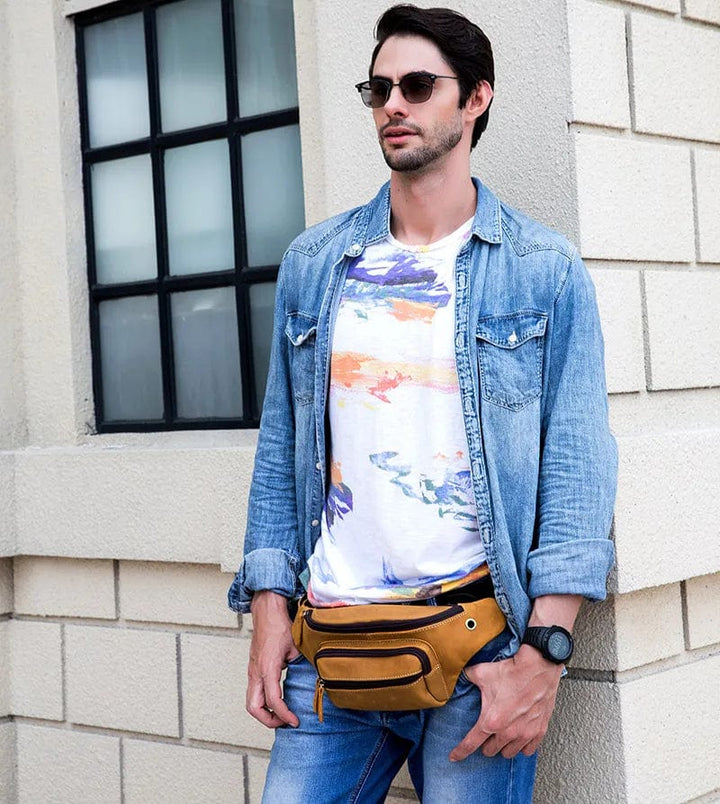 Collection de sacs banane en cuir véritable pour homme, couleurs marron et café, élégance intemporelle.